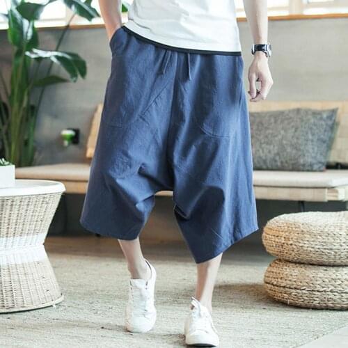 2021 New Summer Casual Men Capri Pants Drop Crotch Solid High Waist Baggy Cropped Trousers Plus Size Male Streetwear Joggers