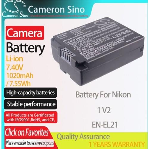 CameronSino Battery for Nikon 1 V2 fits Nikon EN-EL21 Digital camera Batteries 1020mAh/7.55Wh 7.40V Li-ion Black