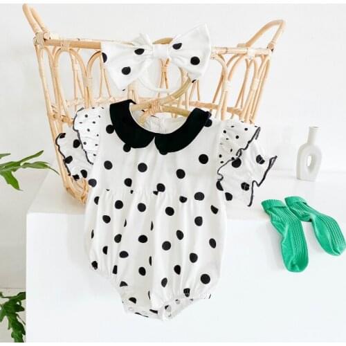 Baby Girls Clothes Summer Jumpsuits Infant Dot Printed Ruffle Cotton Rompers+Headband 2PCS Set Newborn Party Princess Outfits