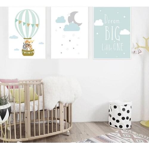 Cartoon Hot Balloon Cloud Moon Star Canvas Poster Painting Kids Room Wall Decor