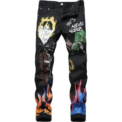Fire Print Letter Men Jeans Slim Fit Punk Style Hip Hope Jeans Homme Black Night Club High Street Pencil Pants Men Trouser