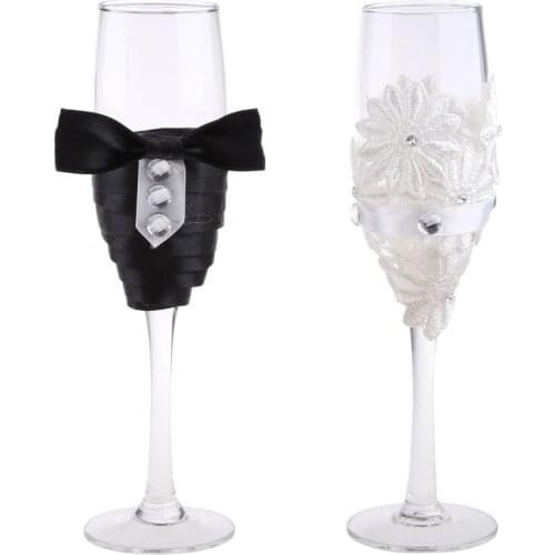 94PF 2pcs Set Wedding Glass Creative Black White Dress Crystal Wedding Champagne Glasses Goblet Red Wine Glass Cup Wedding