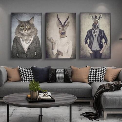 Nordic Vintage Art Animals in Human Clothes Canvas Paintings On the Wall Art Posters And Prints Tiger In Suit Canvas Pictures