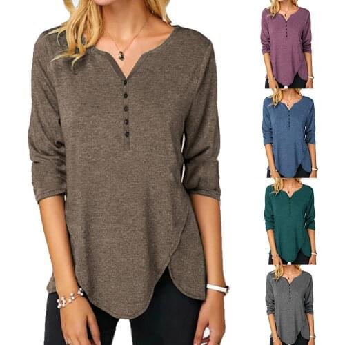 Casual Women Solid Color Long Sleeve Button T-Shirt V Neck Irregular Hem Shirt
