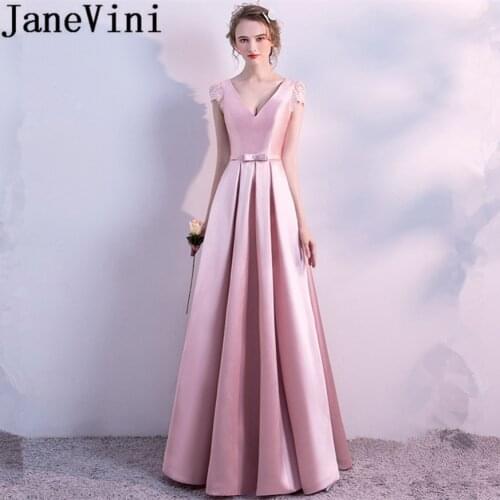 JaneVini Simple Pink Long Bridesmaid Dresses V-Neck Sleeveless Lace-up Back Pleat Floor Length Women Dress for Wedding Party