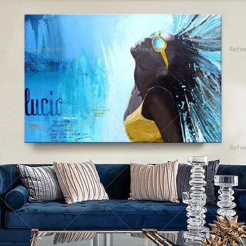 Blue African Black Girl Graffiti Art Canvas Drawing Hand-Painted Oil Painting Decoration Mural Home Decor For Living Room Modern
