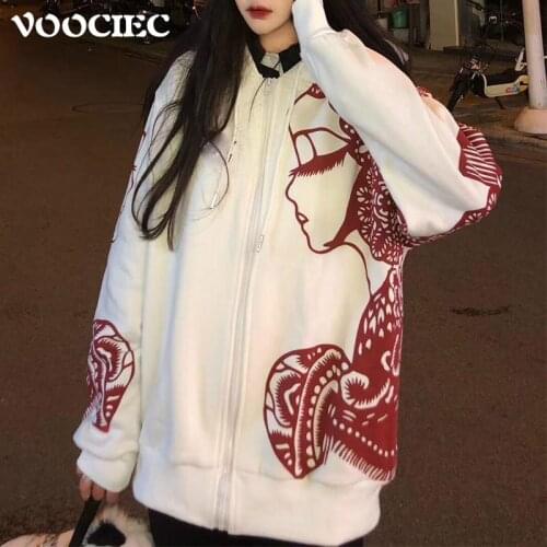 VOOCIEC Autumn Women Chinese Style Paper Cut Man Pattern Sporty Casual Loose Hoodie Mens And Womens Harajuku Coat