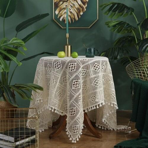 American Retro Crochet Tablecloth Pastoral Geometric Hollow Tassel Cover Table Table Linens Cotton Home Square Table Decor Cloth
