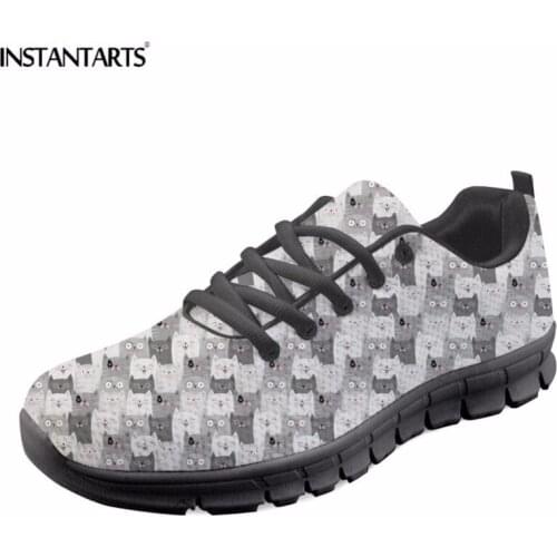 INSTANTARTS Cute Cartoon Cat Puzzle Pattern Women Casual Lace Up Sneakers Teen Girl Casual Shoes Tenis Feminino Woman Flat Shoes