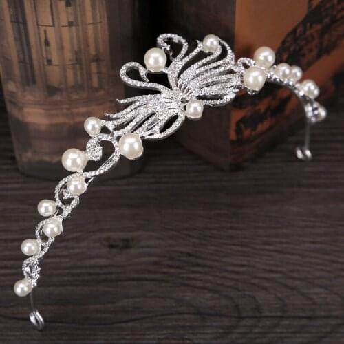 Women Simulation Pearl Fashion Tiaras Crown Bridal Wedding Elegant Dress Headpieces Ladies Swan Metal Hairband Hair Jewelry