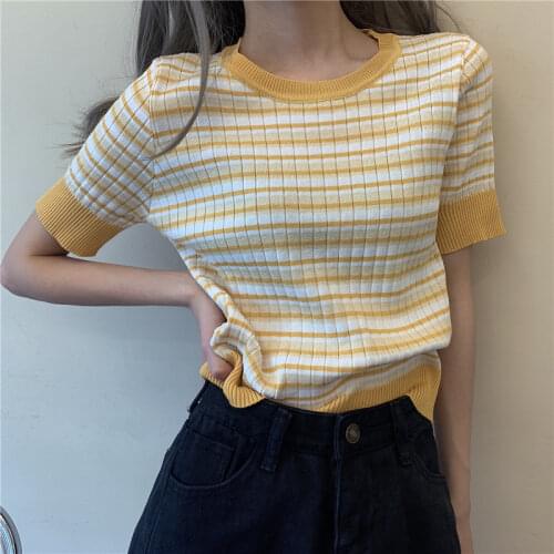 Womens Hit Color Round Neck Striped Thin Short-sleeved Sweater Womens Summer New Korean Style Loose Short-sleeved Top