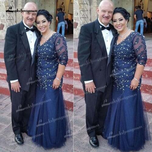 V Neck Lace Mermaid Beading Plus Size Three Quarter Mother of the Bride Dress Wedding Party Gowns robe mere de la mariee 2021