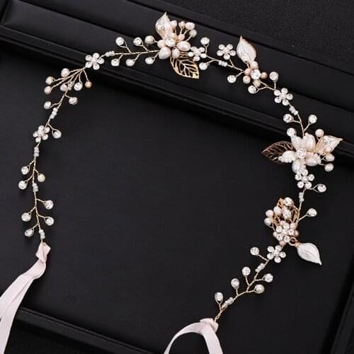 Gold Color Bridal Headband tiara Freshwater Pearl Flower Wedding Headpiece Hair Vine Dress Hair Accessories Wedding Hair Jewelry