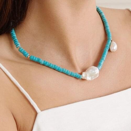 Handmade blue stone neck accessories natural baroque pearl embellishment for women banquet party statement jewelry gifts 2020