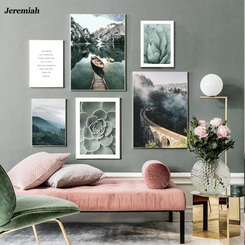 Home Living Room Decoration Painting Landscape Picture Text Picture Fog Aloe Green Plant Poster Nordic Art Ins Canvas Painting