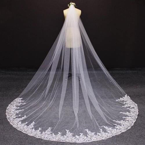 Long Wedding Veil with Comb 3M Cathedral Bridal Veil with Sequined Lace Appliques Metal Comb Voile Mariage 2019