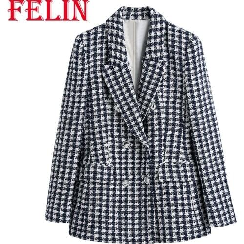 Women Plaid Blazer Vintage Za Fashion 2021 V Neck Office Lady Oversized Long Jackets Women Pockets Casual Mujer Outwear Chic Top