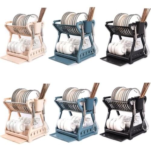 Double-layer Kitchen Dish Bowl Draining Storage Rack with Chopstick Cage Household Tableware Organizer Tray