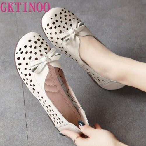 GKTINOO 2021 Women Flat Shoes Genuine Leather Woman Ballet Round Toe Flats Summer Lady Hollow Out Loafers Women Shoes Sandals
