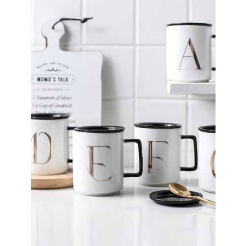 Japan style ceramic coffee mug letters words printed simple office home water white cups and mugs with black handgrip and lids