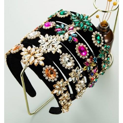 Classic Baroque Polychromatic Crystal Flower Headband Womens Shiny Rhinestone Velvet Hair Band Womens Party Hair Accessories