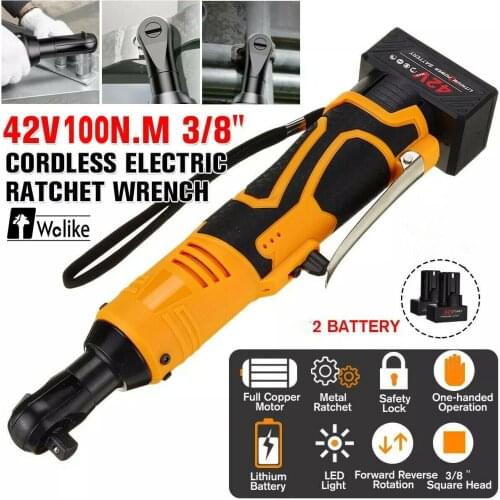 WOLIKE 3/8” 90° 42V 100Nm Electric Cordless Ratchet Right Angle Wrench Tool with 8000mah 1/2 Battery Electric Wrench Power Tool