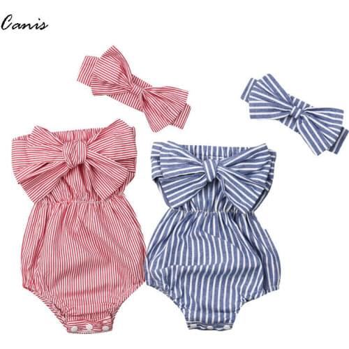 Pudcoco Newest Fashion Newborn Baby Girl Clothes Off Shoulder Bowknot Striped Bodysuit Jumpsuit Headband 2Pcs Outfits Set