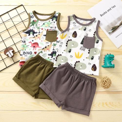 Citgeett Summer Infant Baby Girls Boys Tracksuits Cartoon Dinosaur Print Sleeveless Vest + Elastic Waist Shorts Clothes Set