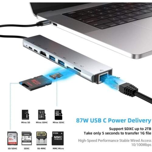 New 8-in-1 Type C Hub Type-C Docking Station USB3.1 To 4K HDMI-compatible/J45/PD/USB 3.0 Expansion Hub USB C HUB for PC Laptop