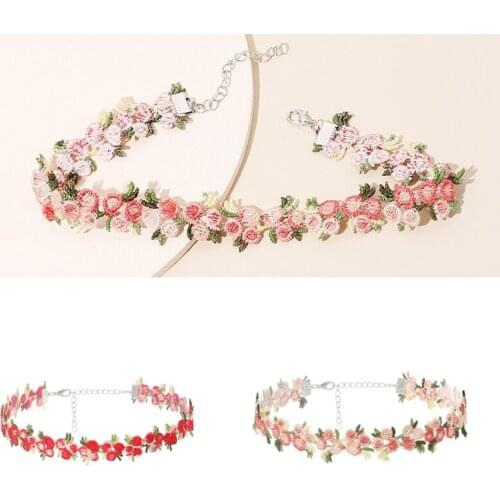 Women Summer Boho Embroidery Flower Choker Cloth Fabric Art Silver Plated Alloy Necklace Fashion Romantic Jewelry Collars Girls
