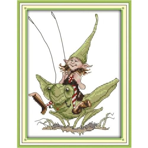 Joy Sunday Cross Stitch Grasshopper Elf Stamped Embroidery Needlework Kits Counted Fabric 11CT 14CT Printed Home Decoration Sets