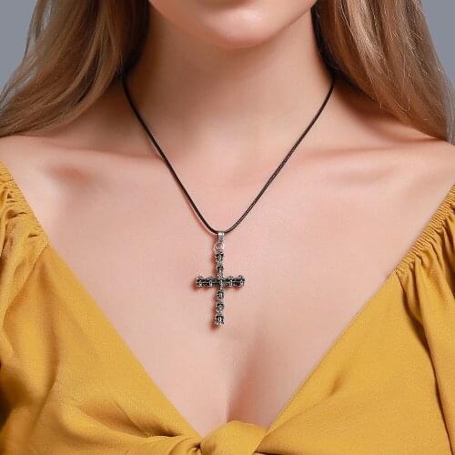 Retro 3D Skull Cross Halloween Silver Plated Alloy Black Rope Choker Necklace for Women & Men