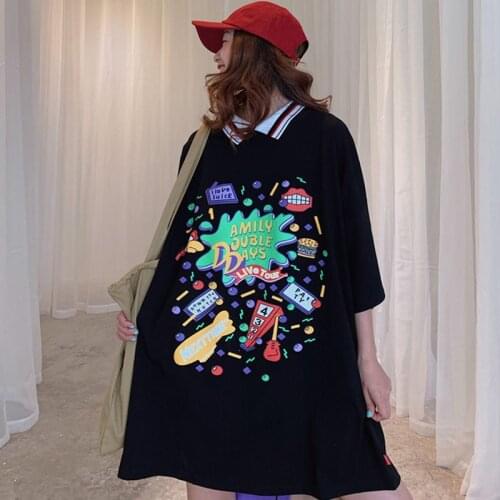 Oversized Womens Loose Polo Shirt For Famle Mid-Length Short-Sleeved T-Shirt Summer Trend Korean Cartoon Print Ladies Tops