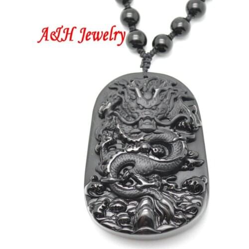High Quality Natural Black Obsidian Carved Chinese Dragon Pendant With 18~22'' Beads Chain Necklace