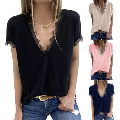 Women T-Shirt V Neck Breathable Short Sleeve Women Solid Color Shirt for Summer
