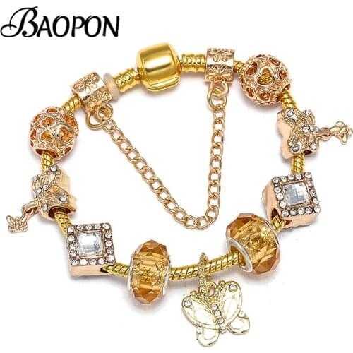 2021 New Gold Color Butterfly Charm Bracelet & Bangle With Crystal Heart Beads Bracelets For Women Girlfriend Jewelry Pulseras
