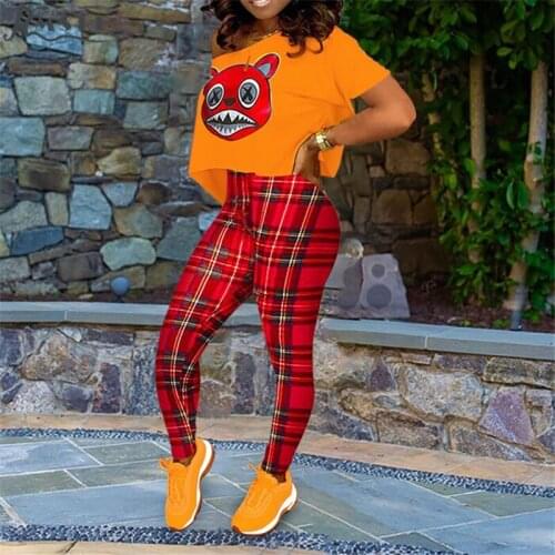 RMSFE 2021 European And American Womens Short Sleeve Round Neck Top And Trousers Fashion Casual Plaid Printing Two-Piece Set