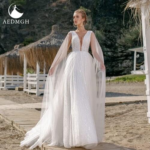 Aedmgh A-Line Wedding Dresses 2021 V-Neck Sleeveless Ribbon Vestido De Novia Lace Beaded Customized Bridal Gown Robe De Marige