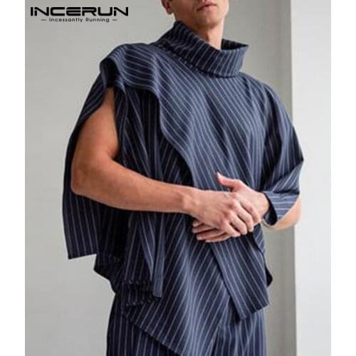 Tops 2021 American Style Fashion Men Pinstripe Vests Casual Streetwear Turtleneck Breathable Mesh Irregular Cloak S-5XL INCERUN