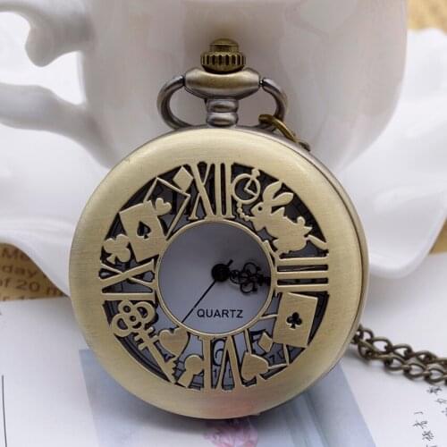 50pcs/lot Hot Sale Vintage Bronze Alice Quartz Pocket Watches with Necklace Whlosale
