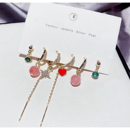 6-piece Set Strawberry Crystal Bead Hoop Earrings Set for Women Long Chain Gold Color Star Heart Earrings Gift Wholesale S-E1288