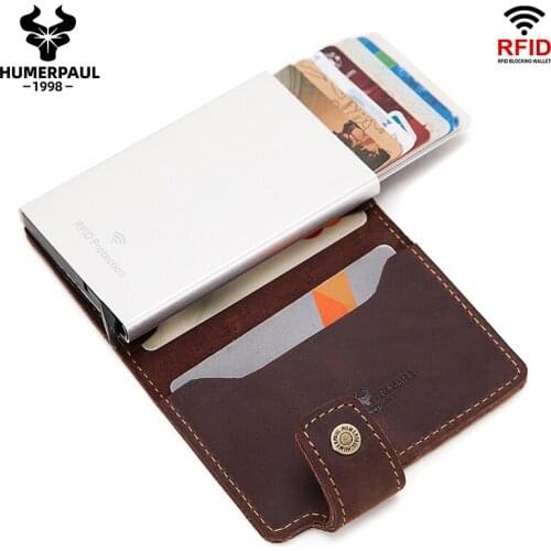 HUMERPAUL Automatic pop-up credit card case Leather business card case metal aluminum RFID Anti-theft Smart Wallet Thin ID Card