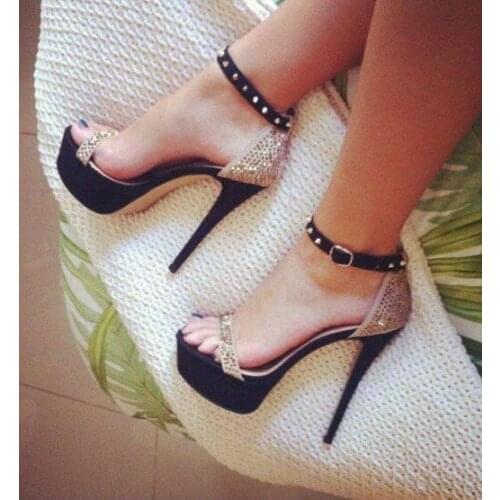 Moraima Snc Womens Gold Platform Sandals Stiletto Heels Ankle Strap Sandals Open Toe Rivets Studded Platform Dress Shoes