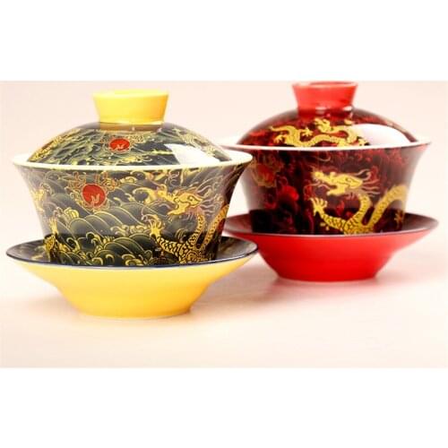 Retro Dragon Pattern Tea Cup 200ml Sancai Gaiwan Chinese Teaset Tea Tureen Drinkware Tea Cup and Saucer Set Tea Bowl