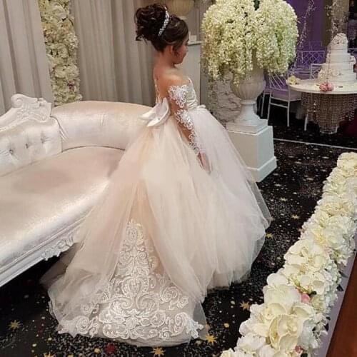 Elegant Ball Gown Flower Girls Dresses For Weddings Sheer Neck Long Sleeves Applique Lace Tulle Children Wedding Dresses Girls
