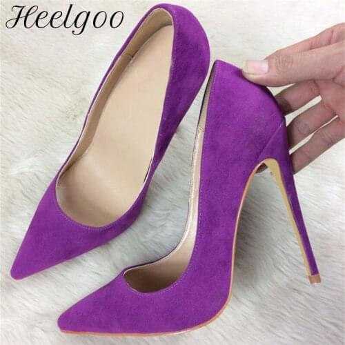 Heelgoo Women Solid Purple Flock Pointed Toe High Heel Dress Shoes Elegant Ladies Wedding Bridemaids Fauz Suede Stiletto Pumps
