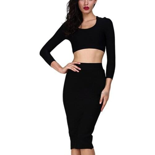 HQBORY two piece set black long sleeve top and knee length pencil skirt 2020 new arrivals styles party rayon bandage dress
