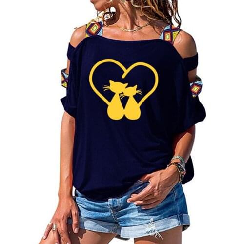 Cat Couple with Heart Tails Cuddling on Print Tee T-shirt Women Top Short Sleeve Female Sexy Hollow Out Shoulder t shirt