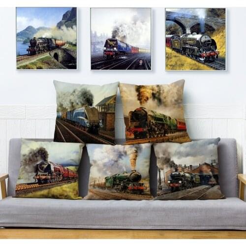 Hand Painted Train Print Cushion Cover 45*45 Square Linen Pillow Covers Throw Pillows Cases Car Sofa Home Decor Pillowcase
