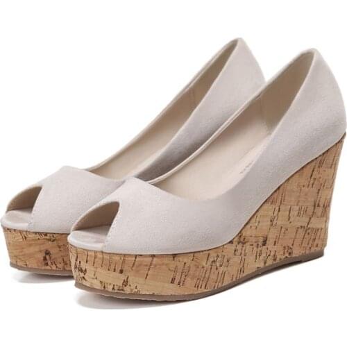 LIHUAMAO Suede wedges women high heels peep toe shoes platform slip on pumps wedding party shoes comfort